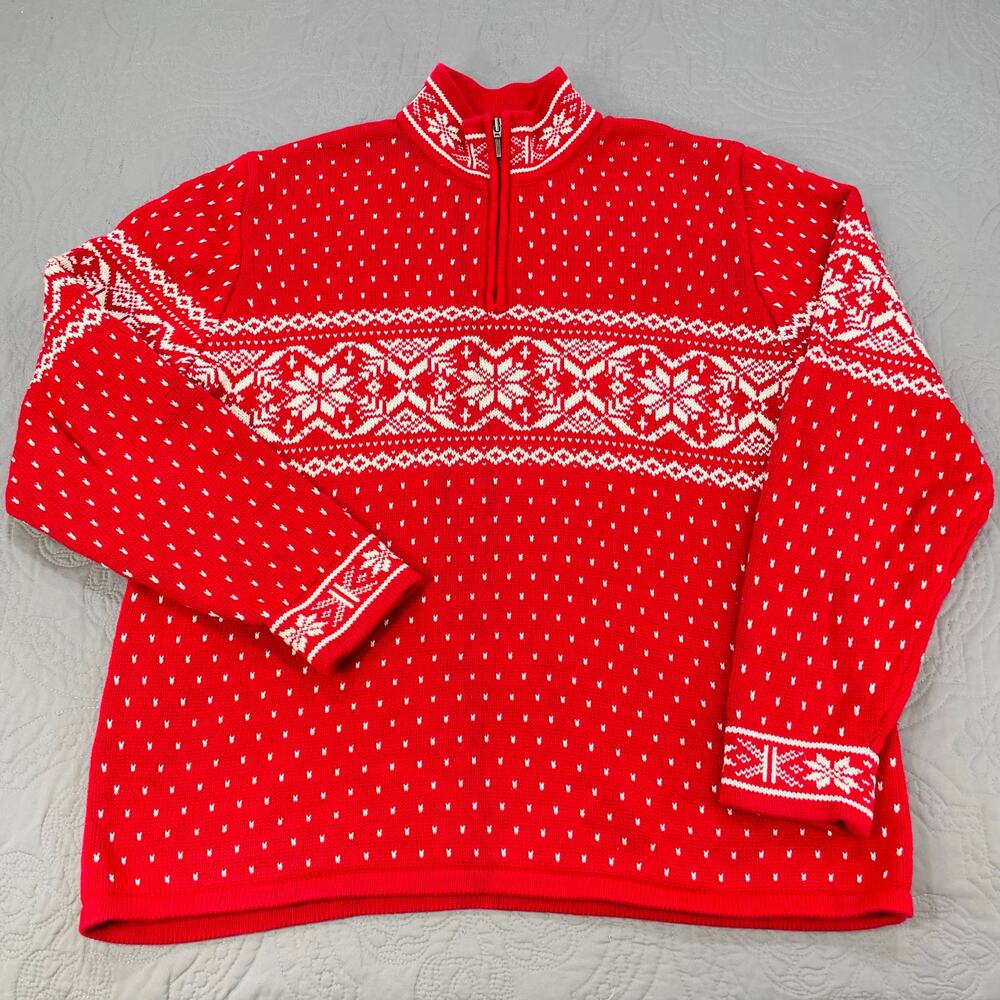 Lands End Sweater Mend Large Red Knit 1/4 Quarter Zip Nordic‎ Fair Isle Cotton